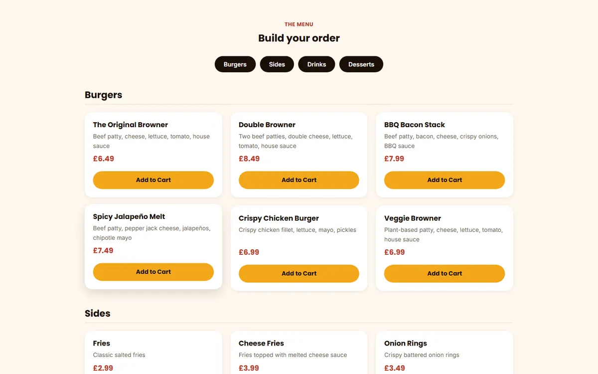 Browner's Burgers — Food Ordering System demo